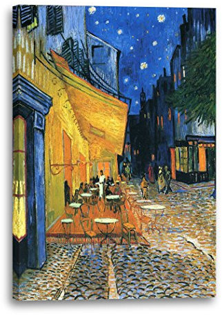 Printed Paintings Hochwertiges Leinwandbild (70x100cm): Vincent Van Gogh - Nachtcafé/Nachts vor dem Café an der Place du Forum in Arles (1888)