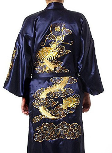 Oriental Clothing Peignoir kimono en soie bleu avec broderie de dragon Yukata Hakma vintage - Bleu - X-Large