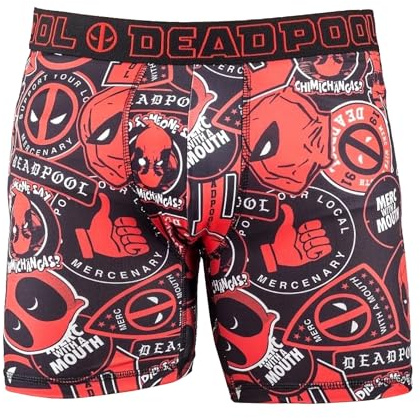 Marvel Comics Men's Deadpool Sticker MERC with a Mouth No-Fly Boxer Briefs, Black, M