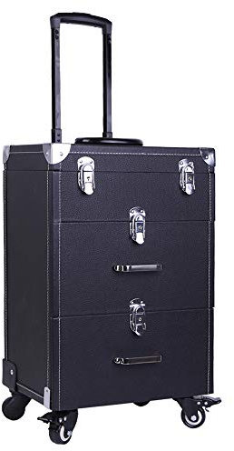 Kosmetikkoffer Trolley Schwarz Schminkkoffer Friseurkoffer Schmuckkoffer Multikoffer mit 2 Schubladen und 4 Abnehmbaren Rollen für Damen Mädchen 49cm Kunstleder