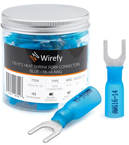 Wirefy 130 PZ Connettori Forchetta 5 mm - Kit Terminali Termoretraibili - Capicorda Elettrici Crimpare - Blu 1,5-2,5 mm²