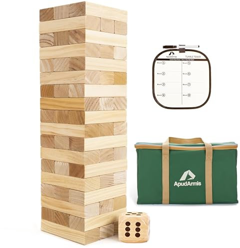 ApudArmis riesiger Trommelturm, 54 Teile, Kiefernholz, Spiel mit 1 Würfel-Set – klassisches Block-Stapelspiel für Kinder und Erwachsene Familie (60 cm bis über 140 cm)