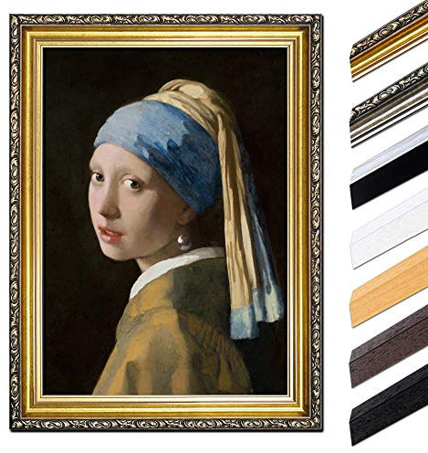 Bild mit Rahmen - Jan Vermeer Das Mädchen mit dem Perlenohrgehänge 60x80 cm - Gerahmtes Leinwandbild Alte Meister - Antiker Rahmen Gold Barock, Klassisch