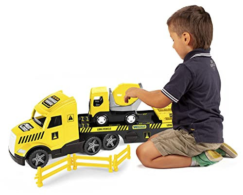 Wader 36460 - Magic Truck Tieflader mit Betonmischer, Absperrgittern und Rampen, ab 3 Jahren, ca. 79 cm, ideal als Geschenk für kreatives Spielen