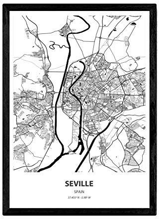 Nacnic Poster mit Karte von Sevilla - Spanien. Blätter Städte in Spanien mit Meeren und Flüssen in schwarz und weiß. A3