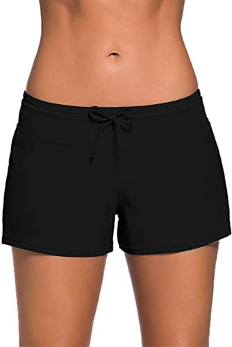 Kfnire Badeshorts Damen Eingebautes Futter Bikini mit Shorts Schnell Trocknend UV-Schutz Kurze Sporthose Badehose (Schwarz,S)