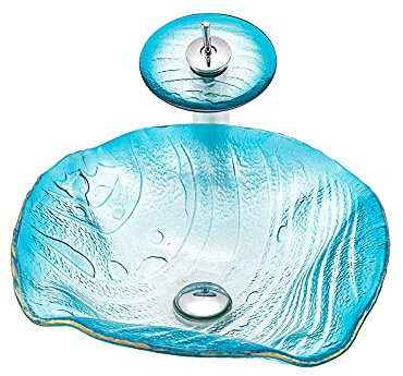 Lavandino in Vetro Temperato, Lavabo da Appoggio in Vetro Temperato Artistico Lavabo da Bagno Irregolare Lavabo da Appoggio con Set di Scarico dell'Acqua, Rubinetto Cascata, 440×440×145mm,Blu