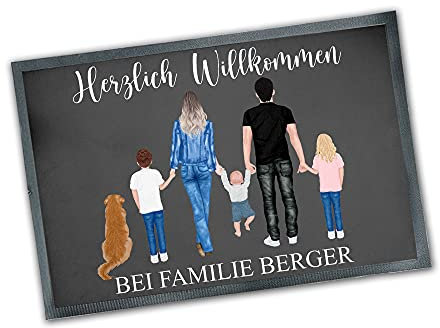 Tachinedas Kreativshop Personalisierte Fußmatte mit Figuren und Wunschnamen Familie Kinder Hund Katze Herzlich Willkommen Türmatte
