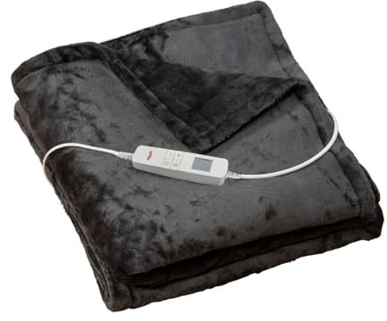 Grafner elektrische Wärmedecke 180 x 130 cm aus kuscheligem Flanell Plüsch, anthrazit, LCD-Display, 10 Temperaturstufen, 10 Stunden Timer, Schnellaufheizung, Überhitzungsschutz, waschbar Kuscheldecke