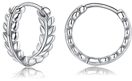 Silver Hoop Earrings for Women Girls, Hypoallergenic 925 Sterling Silver Olive Leaf Tiny Small Huggie Hoops Helix Cartilage Piercings Earring for Birthday Gifts, White Gold/8mm