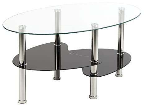 HUOLE Mesa de Centro con Diseño Exclusivo de 2 Niveles Mesa de Cristal Mesita de Noche Mesa de Café de Vidrio para Estar o Dormitorio Vidrio Templado (90 * 50 * 43cm Transparente+Negro)