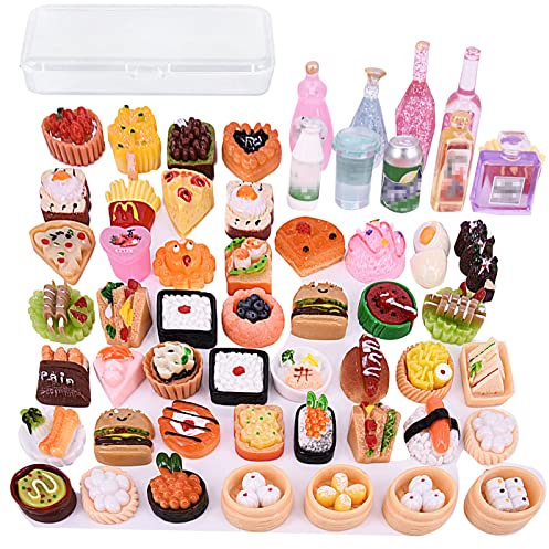 56 PCS Pretend Play Food Set Miniature Food Drinks Toys Role Play Toys Resin Mini Food Toy Kids Kitchen Accessories for Kids Children Toddlers Adults Teenagers Doll House Cooking Games