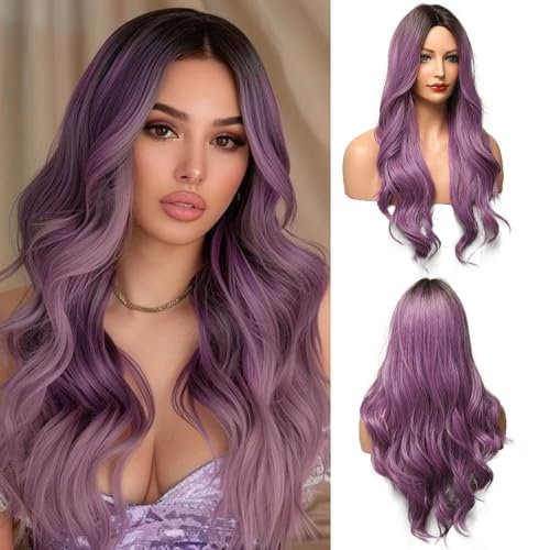 OUFEI Lange Ombre Lila Perücke mit Pony Natürliche gewellte Perücken für Frauen Natürliches Synthetisches Haar Hitzebeständige Perücken für Tägliche Party Cosplay Tragen