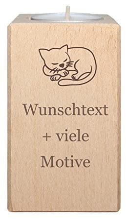 Trauerlicht Katze - Teelichthalter aus Holz personalisiert mit Name und Motiv - Trauerkerze mit Trauerspruch für Kater und Katzen, Kerzenständer, Trauergeschenk, Trostspender, inklusive Teelicht