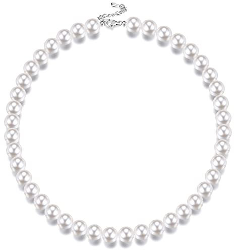 Krfy Sterling Silber Perlenkette Runde Weiße Simulierte Shell Perlenkette für Damen Männer Choker Halskette für Mädchen Jungen 8/10/12mm