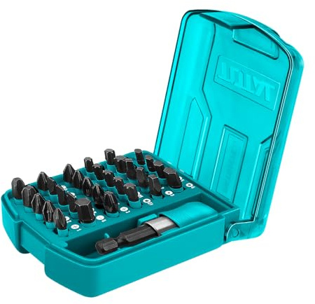 TOTAL - Caja de 30 Puntas Magnéticas para Destornillador de Impacto - Largo 25 mm - 5 Planas, 5 Phillips, 5 Pozidrive, 7 Torx , 4 Hexagonales y 4 de Cabeza Cuadrada - Con Adaptador Quick