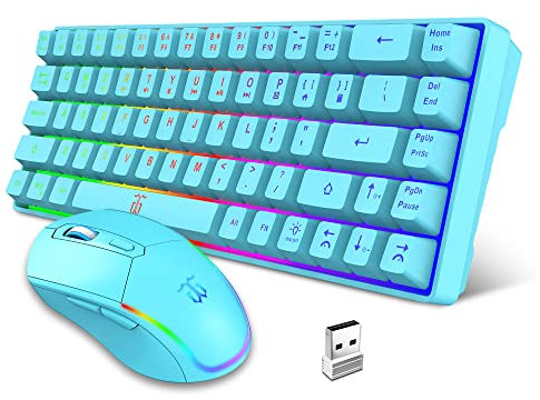 Snpurdiri Combo de teclado y mouse para juegos 60% inalámbricos, batería recargable de 2000 mAh, membrana pequeña pero teclado mecánico + ratones 6D 3200 DPI para juegos, oficina de negocios (azul