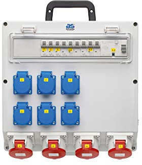 as – Schwabe Wandverteiler anschlussfertig - Ausgang 6x Schuko, 4x CEE (400V/16A/5-polig) - Baustromverteiler Festanschluss NYM-J bis 5x10 - Feuchtraumverteiler - Verteilerkasten - IP44, 61515