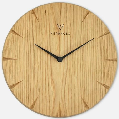 Kerbholz Wanduhr - Easy Clokk - Design Holzuhr Wand Eiche - Wanduhr modern aus Holz ohne Ticken - Minimalistisches Design - batteriebetrieben - ∅ 25cm