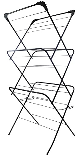 Three-Tier Folding Laundry Washing Drying Clothes Rack Horse Airer Black Indoor Outdoor