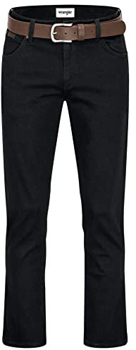 Wrangler Texas Stretch Herrenjeans mit Gürtel in schwarz oder braun (W33/L32, Blackoverdye + brauner Gürtel)