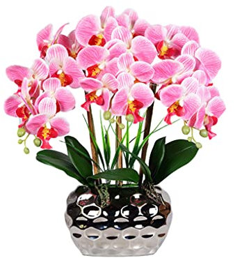 HOJIOESRD Grande Bonsai di Orchidea Artificiale con Vaso Realistico Phalaenopsis Real Touch Composizioni di Piante finte Ornamenti per Soggiorno, Rosa