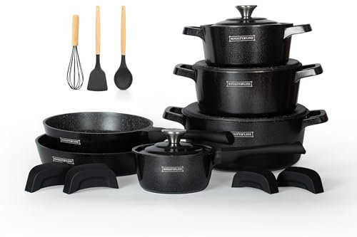 Royalty Line Topfset 14 Tlg. Schwarz - Töpfe Set geeignet für Induktion - Kochtopf Set & Pfannen mit Anti Haft Beschichtung - Pfannenset aus Alu mit Hitzeschutz Silikon Griffen - Topf set mit Deckel