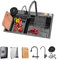 BIGYOUZI Lavabo sobre encimera con Grifos Negro cocina fregadero lavabo Fregadero cocina 1 seno Grifo Extraíble en cascada con juego completo de Accesorios de Fregadero (85x45x23CM, Negro)