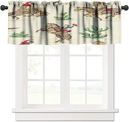 Western-Cowboy-Volants, Vorhänge, Western-Cowboy-Reitpferd in wildem Kaktus, Wüstenfenster, kurzer Vorhang, Volant für Küche, Wohnzimmer, Badezimmer, Bauernhaus mit Stangentasche, 137 x 45,7 cm
