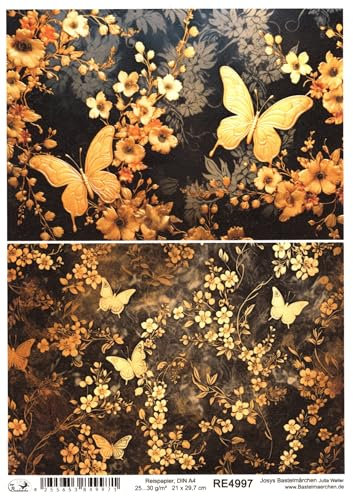 Josys Bastelmärchen Reispapier A4 Strohseide Decoupage goldene Schmetterlinge Blumen Blätter RE4997