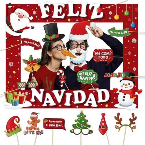 GEBETTER 21Pcs Photocall Navidad Español, 1* Marco Fotos 76x59cm + 20* Accesorios Divertidos, Fotocall Navideño Foto Prop Fotomatón Familiares Amigos Decoración Adorno Fotos Fiestas Regalo