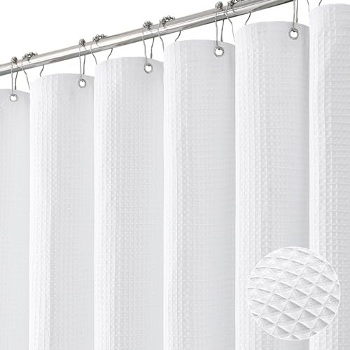Dynamene Rideau de douche long en tissu gaufré texturé pour salle de bain, grand hôtel, version fine, 198 cm de long, 198 cm de long, blanc