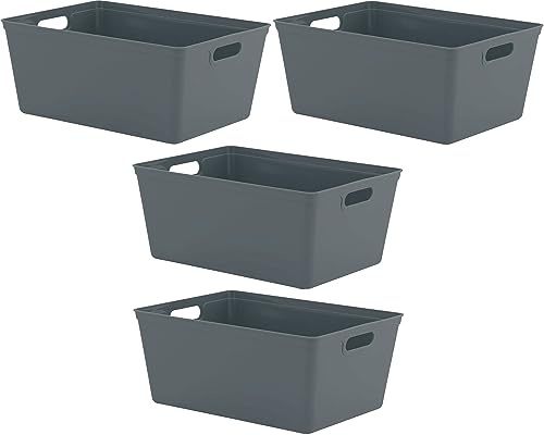 Pack of 4 Plastic Storage Baskets Kitchen Bedroom Bathroom Office Shelf Boxes Containers (Grey, 11 Litre)