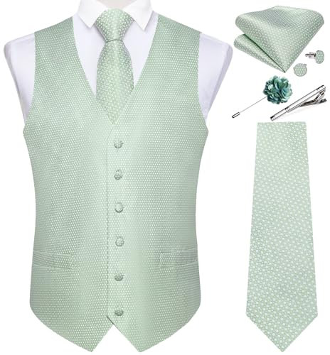 DiBanGu Herren-Weste und Krawatte, formelles Paisleymuster, Weste und Krawatte, Einstecktuch, Manschettenknöpfe, Seide, Anzugweste für Smoking, Hochzeit, Salbeigrün, X-Large