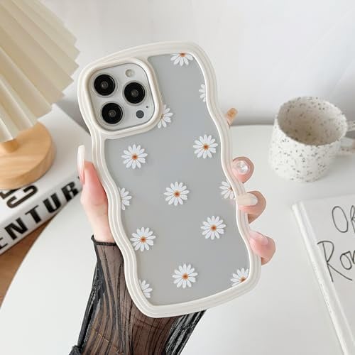ZTOFERA Case for iPhone 15 Pro, Cute Curly Wave Frame Case with Flower Pattern, Transparent Soft TPU Shockproof Protective Bumper Cover for iPhone 15 Pro 6.1 - White Daisy