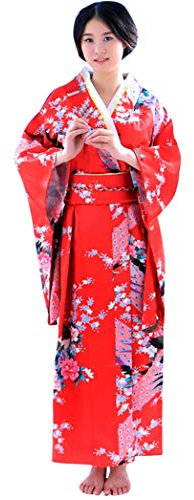 Robe Japonaise Geisha Yukata Blossom Peignoir Satin Kimono de Femmes Cosplay Costume de Carnaval Traditionnelle, Rouge, Taille Unique