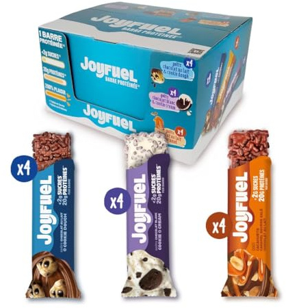 JOYFUEL Coffret panachée de 12 Barres Protéinées de 55gr -Goûts Chocolat au Lait & Cookie Dough- Chocolat Blanc & Cookie & Cream- Chocolat & Cacahuètes & Caramel - <2g de sucre - 20g de protéines -