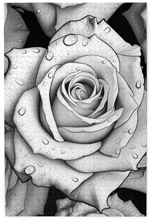 Schwarz-weiße Rosen-Puzzle, 1000 Teile, personalisierbar, Holz-Fotopuzzle für Erwachsene, Familie, Bilderpuzzle, Geschenke für Hochzeit, Geburtstag, Valentinstag, Geschenke (74,9 x 50 cm)