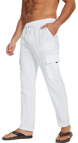 LVCBL Leinenhose Herren Loose Sommer Freizeithose mit Taschen Weiß L