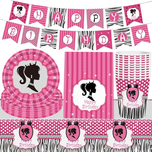 SiSfeL Partygeschirr Geburtstag Prinzessin 42pcs Barbi Geburtstag Deko Set Barbiprinzessin Kindergeburtstag Partyteller Barbi Tischdecke Banner Barbi Partyzubehör für 10 Personen