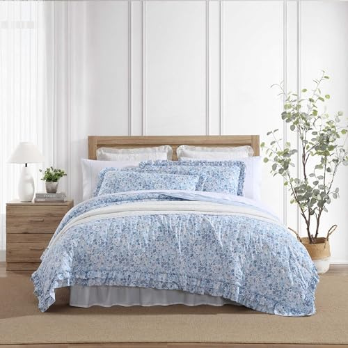 Laura Ashley - Bettwäsche-Set, superweiche Bettwäsche mit passenden Kissenbezügen, lässige Heimdekoration (Quartett gerüscht, Blau, King-Size)