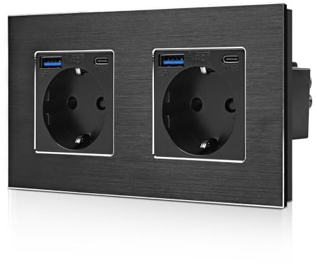 CNBINGO Prise Schuko en aluminium encastrée avec ports USB (prise en charge de type C et type A prise en charge de la charge rapide de 20 W), contact de protection, prise murale encastrable avec cadre