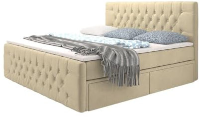 Boxspringbett Sognare 140x200 Doppelbett Polsterbett Bett mit Stauraum | Bezug: Kunstleder | Farbe: Beige | Härtegrad: H4 (100kg+)