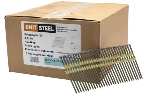 UnitSteel Streifennägel - 3,1X90mm, 3.000 stück, 21° Rundkopf Nägel für Druckluft-Nagler, Blank/glatt, für fast alle Marken von Tackern