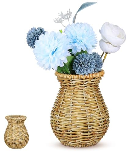 Amosfun Handgeflochtene Rattan-Imitation Vase 14,5×12×12 cm, Kunststoff & Eisen, rustikale Blumenvase für frische & künstliche Blumen, platzsparende Tischdeko für Landhaus, Regal & Fensterbank