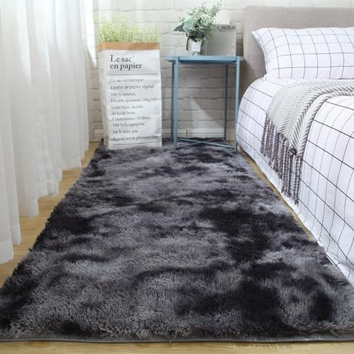 Schlafzimmer Bettvorleger Teppich 50 x 200 cm Waschbar Bis 30 Grad, Super Soft, Anti-Rutsch, Flauschig Weich Flauschiger Vorleger Modern Teppich Wohnzimmer für Wohnzimmer, Schlafzimmer, Dunkelgrau