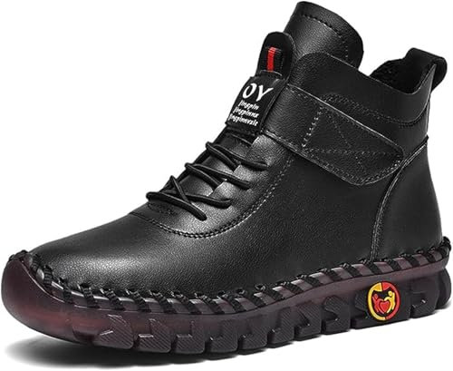 Frauen Hochwertig Leder Flach Turnschuhe Bequem Weich Rindfleisch-Sehne Stiefelette Handgefertigt Klettverschluss Zum Hineinschlüpfen Warm Mama rutschfest Gehen Schuhe(Black,37 EU)
