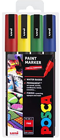 Posca PC-3M Paint Marker Art Pens - 0.9-1.3mm - Primary Tones - Set of 4 Pens in Plastic Wallet