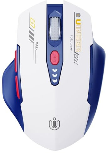 Uineer Bluetooth Maus, Tri-Mode (BT 5.0/4.0+2.4G Hz, sichtbarer Batteriestand, wiederaufladbare ergonomische Funkmaus mit 4 einstellbaren DPI-Stufen für Laptop und PC-blau-weiß