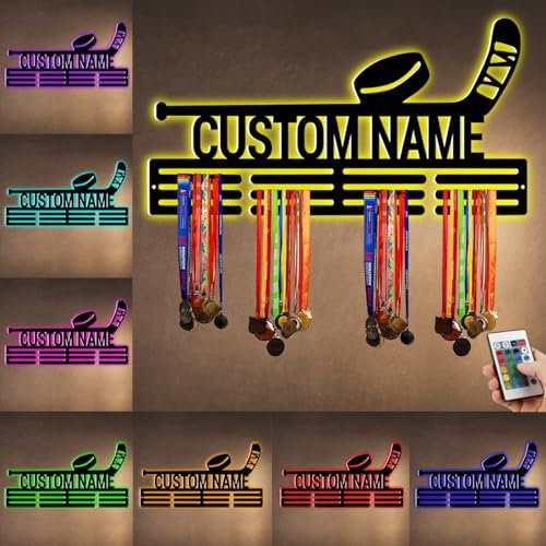 ASD Jewerly Personalisierte Name Metall Hockey Medaille Aufhänger Halter Display Rack für Auszeichnungen Bänder mit LED-Licht, kundenspezifische Sport Medaille Aufhänger Display Award Rack